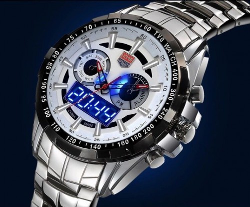 TVG Stainless Steel Men's Fashion Blue Binary LED Watch 30AM Water Resist. WHITE