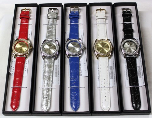 5-Watches Women Set  MANHATTAN Crystal Bezel Dial Faux Leather Band