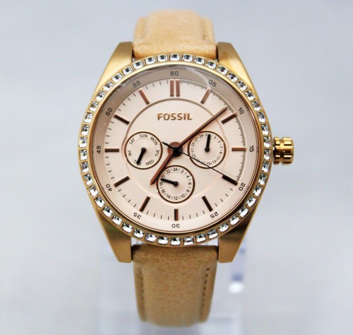 Brand New FOSSIL BQ3014 Stainless Steel Glitz Bezel Beige Band WOMEN WATCH