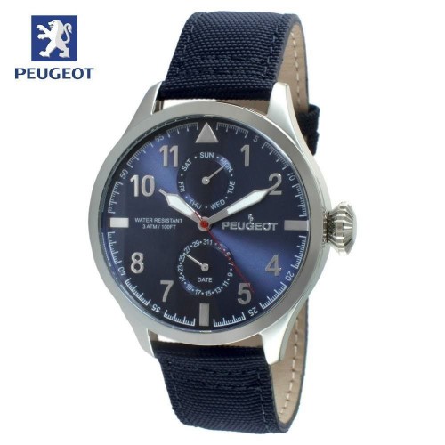 Peugeot - 2044SBL Mens Silver Blue Nylon Band Day Date Calendar Aviator Weekend