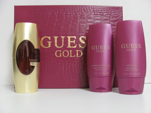 Guess Gold by Guess 3PCs Women Set, 2.5 oz + 3.4 Lotion + Gel, Hard 2 find