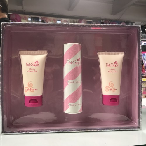 PINK SUGAR by AQUOLINA 3PCs WOMAN Set, 1.0 OZ + 1.7 Body Lotion + Shower Gel