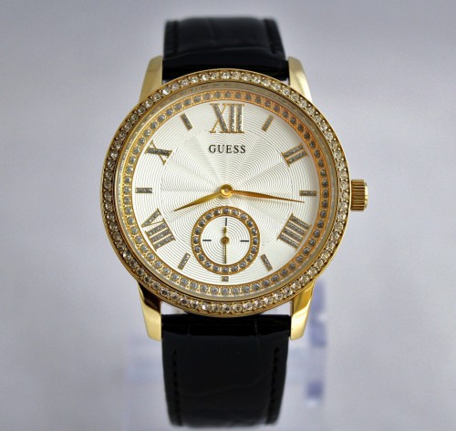 New GUESS U0642L2 Elegant Crystal Accented Stainless Steel Leather Women Watch