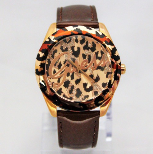 New Guess U0455L3 Brown Tone Iconic Animal Print Shinny Leather Band Women Watch