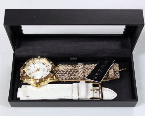 New Guess W0214L1 Interchangeable Golden Animal Pattern Watch - 2Pc Women Set