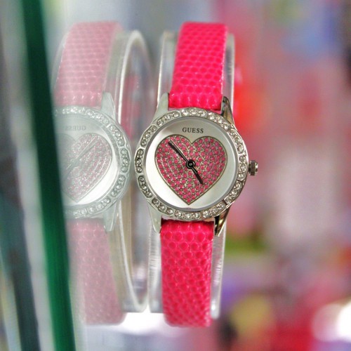 New GUESS W0731L3 MINI Hot Pink Rhinestones Heart Dial Leather Band Women Watch