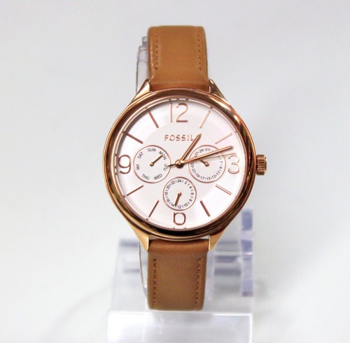 New Fossil BQ3118 Multi-function Rose Gold Tone Brown Leather Women Watch