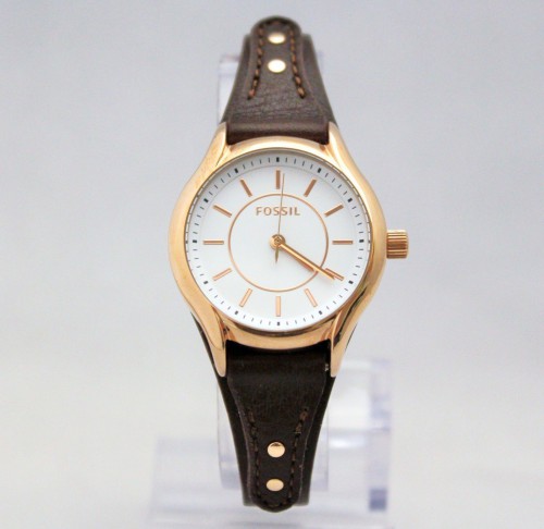New FOSSIL BQ3068 Rose Gold Steel Case Dark Brown Leather Cuff Strap Women WATCH