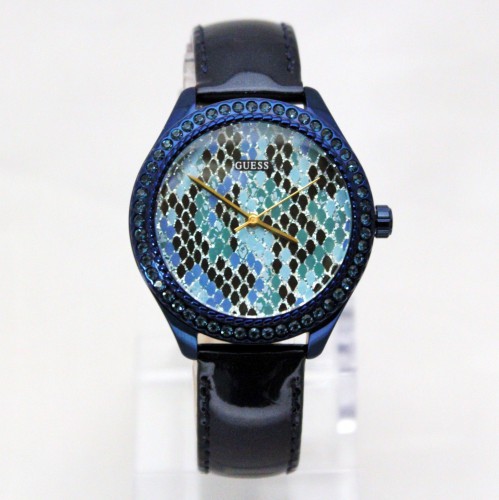 New GUESS W0626L3 Reptile Print Crystal Bezel Navy Blue Leather Band Women Watch