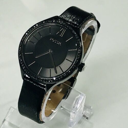 NEW FOSSIL BQ3427 Black IP Stainless Steel Crystal Dial PU Strap Women Watch