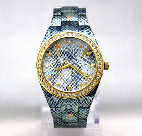 NEW GUESS U0583L1 Blue Python Printed Golden Crystal Bezel Dial Women Watch