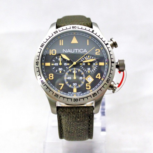 NEW Nautica N16579G Black Chronograph Dial, Dark Green Band Men Watch