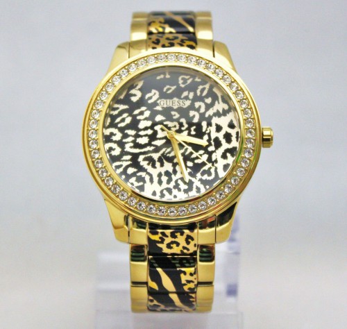 New Guess U0465L1 Crystals Bezel Animal Print Golden Stainless Steel Women Watch