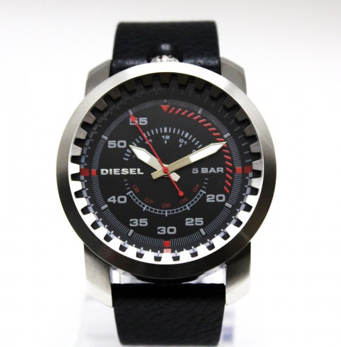 New Diesel DZ1750 Rig Black Leather Stainless Steel Silver Dial Men Watch