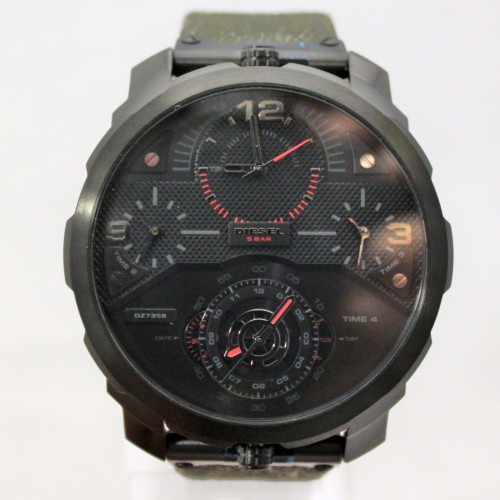 New DIESEL DZ7358 Machinus 4 Time Zones, Black Denim Leather Men Watch