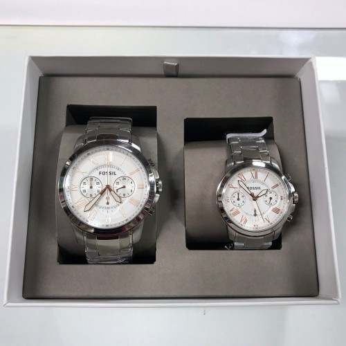 New FOSSIL BQ2180SET Grant Silver Stainless Steel - Men Women Couple Set