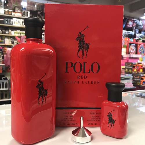 Polo Red by Ralph Lauren 3 PCs Men Set  10.1 fl.oz / 300 ml Eau De Toilette Extra Large Spray / Refill + 1.36 fl.oz / 40 ml Eau De Toilette Refillable Travel Spray  + Funnel