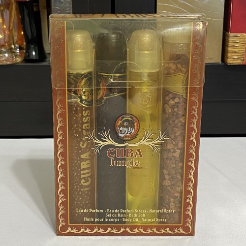 Cuba Jungle by Cuba 4PCs Women set, 2.0 + 2.0 oz spray + Bath Salt + Body Oil Spray